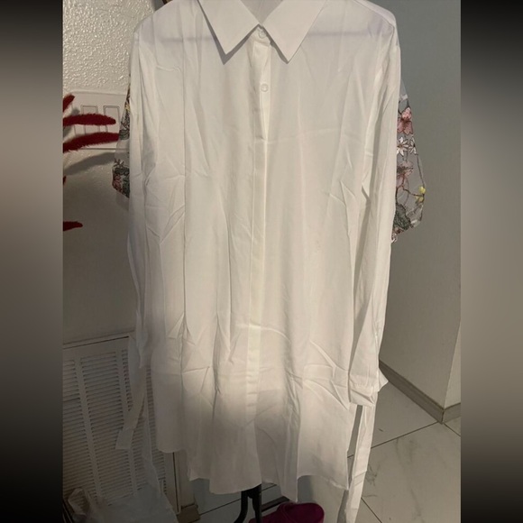 Classic elegant Plus Size Tie knot Long Sleeve Button Down Shirt Dress White - Picture 9 of 9